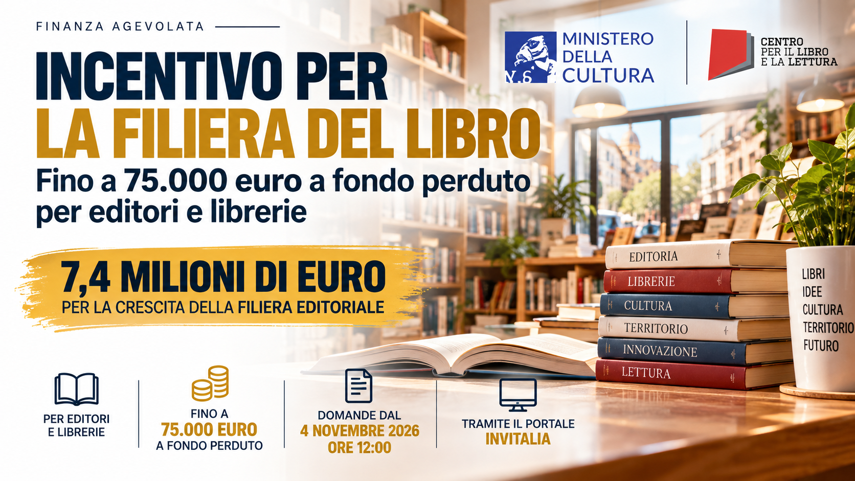 Incentivo per la filiera del libro: fino a 75.000 euro a fondo perduto per editori e librerie